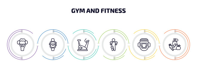 gym and fitness infographic element with outline icons and 6 step or option. gym and fitness icons such as broccoli porcion, sport watch, exercise bike, anatomy, headgear, fitness food vector.