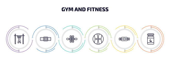 gym and fitness infographic element with outline icons and 6 step or option. gym and fitness icons such as bar exercising, athletic strap, gymnastic roller, power ball, fitness belt, phytonutrients