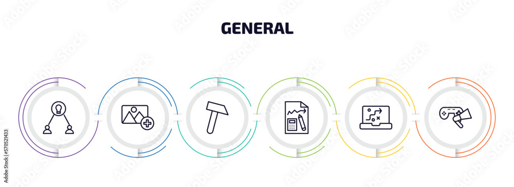 Poster general infographic element with outline icons and 6 step or option. general icons such as collabora
