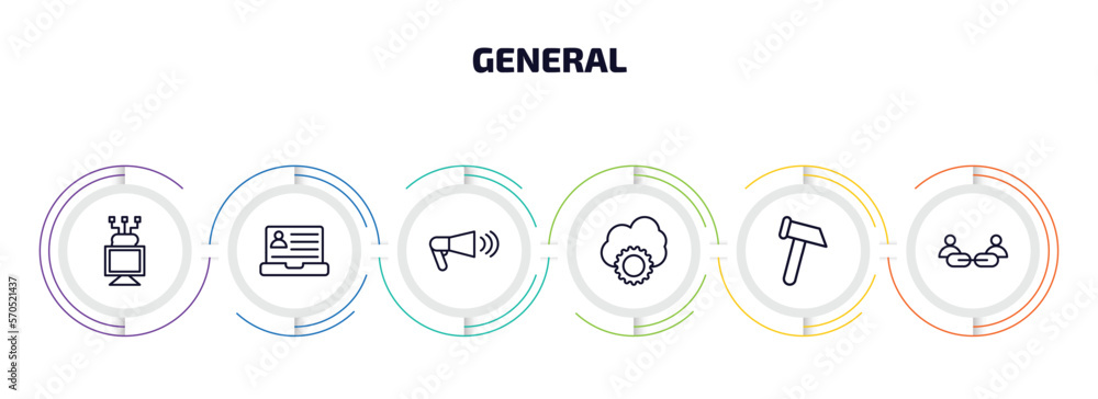 Aufkleber general infographic element with outline icons and 6 step or option. general icons such as edge comp