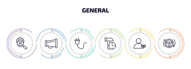 general infographic element with outline icons and 6 step or option. general icons such as hr services, agitation, electric plug, build time, hr manager, autopilot vector.