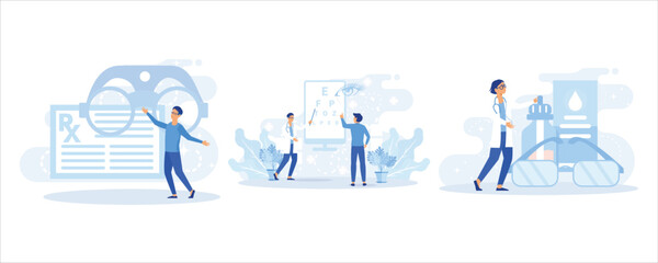 Medical illustration set. Doctor ophthalmologist showing eye test chart to patient, examining his vision and choosing eyeglasses with correction lens. Ophthalmology concept.set  flat vector modern ill