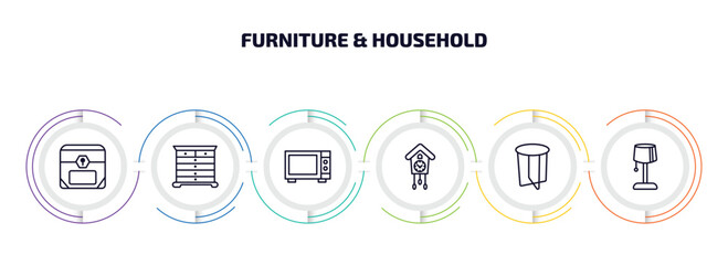 furniture & household infographic element with outline icons and 6 step or option. furniture & household icons such as chest, chest of drawers, microwave, cuckoo clock, side table, bedroom lamp