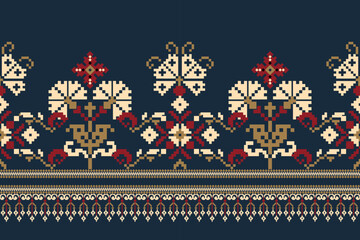 Floral Cross Stitch Embroidery on navy blue background.geometric ethnic oriental pattern traditional.Aztec style abstract vector illustration.design for texture,fabric,clothing,wrapping, decoration. - obrazy, fototapety, plakaty