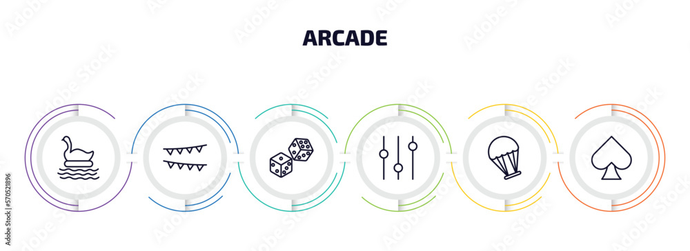 Poster arcade infographic element with outline icons and 6 step or option. arcade icons such as swan boat, 
