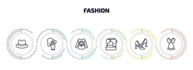 fashion infographic element with outline icons and 6 step or option. fashion icons such as fedora, rag, man printing, electrical appliances, high heel shoes, summer dress vector.