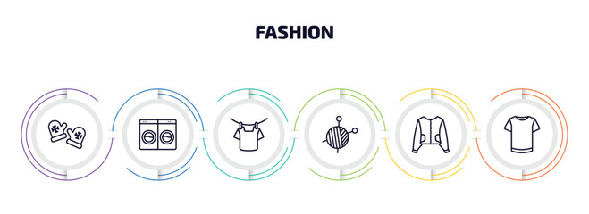 fashion infographic element with outline icons and 6 step or option. fashion icons such as pair of mittens, laundry zone, drying, skein, sweater with pocket, white t shirt vector.