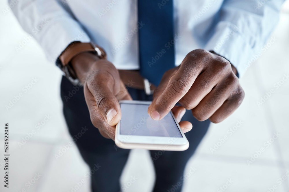 Poster black man hands , phone screen zoom and mobile communication with 5g connection. writing, social med