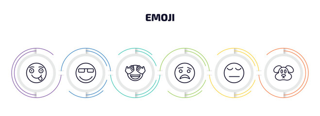 emoji infographic element with outline icons and 6 step or option. emoji icons such as tongue out emoji, cool shy scared pensive dog vector.