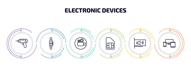 electronic devices infographic element with outline icons and 6 step or option. electronic devices icons such as driller, smartband, video recorder, sim, sound card, devices vector.