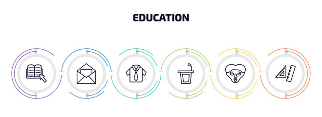 education infographic element with outline icons and 6 step or option. education icons such as ebook, invitation, uniform, lectern, quasimodo, rulers vector.
