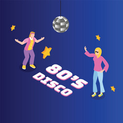 Young woman dancing 80s disco 3d isometric vector illustration concept for banner, website, landing page, ads, flyer template