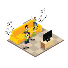 Happy Family of Mother, Father and children singing karaoke on tv 3d isometric vector illustration concept for banner, website, landing page, ads, flyer template