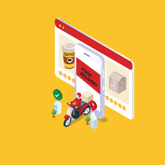 Food delivery app on a smartphone 3d isometric vector illustration concept for banner, website, landing page, ads, flyer template
