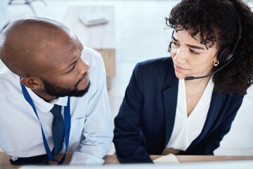 Callcenter face, confused or teamwork on computer for 404 glitch, consulting error or bad feedback in office. CRM or black man and woman on tech telemarketing, mistake or customer support service