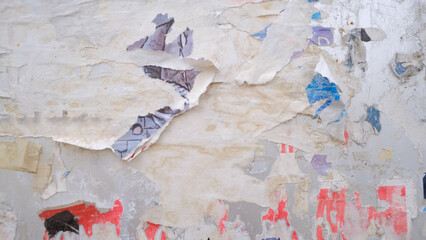 Torn and grungy street poster background, weathered paper collage