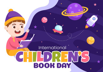 Naklejka premium International Children's Book Day on April 2 Illustration with Kids Reading or Writing Books in Flat Cartoon Hand Drawn for Landing Page Templates
