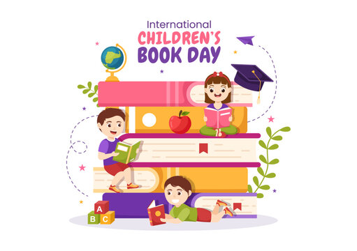 International Children's Book Day on April 2 Illustration with Kids Reading or Writing Books in Flat Cartoon Hand Drawn for Landing Page Templates
