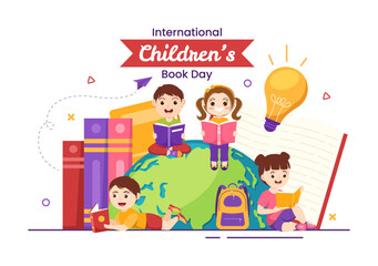 International Children's Book Day on April 2 Illustration with Kids Reading or Writing Books in Flat Cartoon Hand Drawn for Landing Page Templates