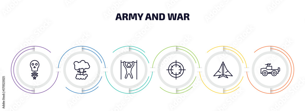 Poster army and war infographic element with outline icons and 6 step or option. army and war icons such as