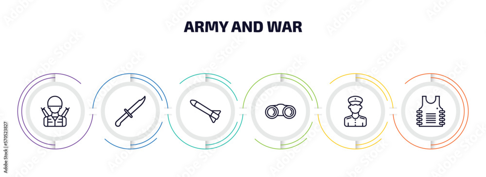 Aufkleber army and war infographic element with outline icons and 6 step or option. army and war icons such as