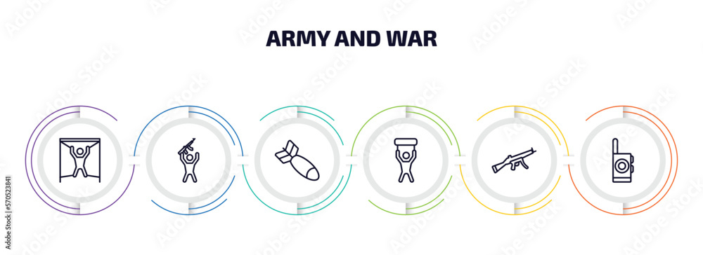 Aufkleber army and war infographic element with outline icons and 6 step or option. army and war icons such as