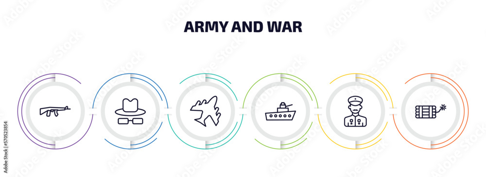 Poster army and war infographic element with outline icons and 6 step or option. army and war icons such as