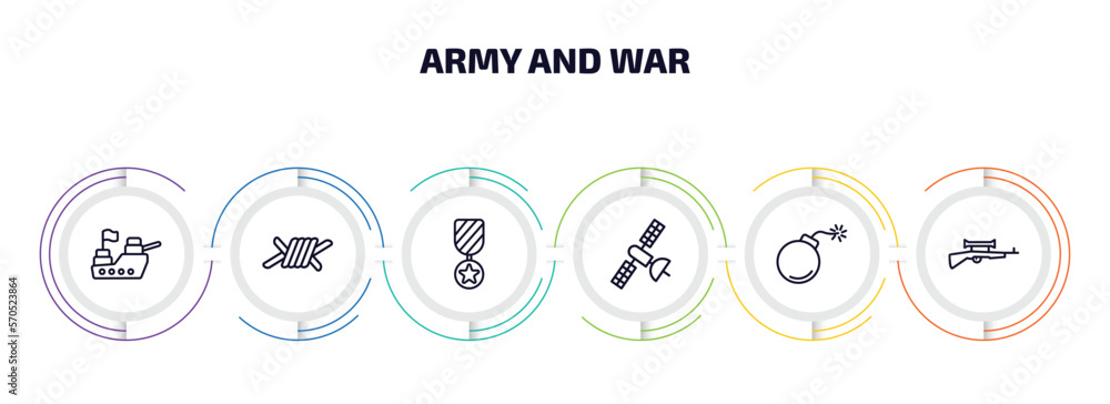 Poster army and war infographic element with outline icons and 6 step or option. army and war icons such as