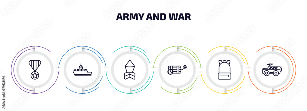 Aufkleber army and war infographic element with outline icons and 6 step or option. army and war icons such as