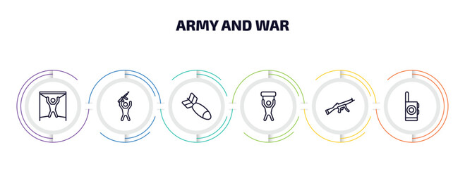 army and war infographic element with outline icons and 6 step or option. army and war icons such as torture, rebellion, airplane bomb, revolt, automatic gun, walkie talkie vector.