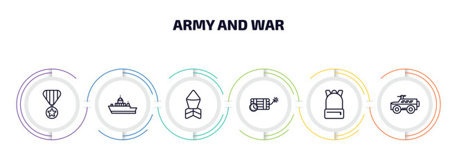 army and war infographic element with outline icons and 6 step or option. army and war icons such as militaty medal, army boat, depth charge, time bomb with clock, backpack, armored vehicle vector.