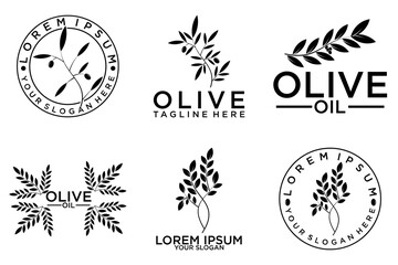 Set of branch olive tree. Black and white outline silhouette. Vector illustration