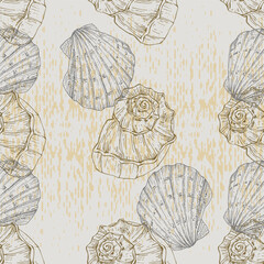 Seamless pattern background with abstract shell ornaments. Hand drawn nature illustration of ocean.