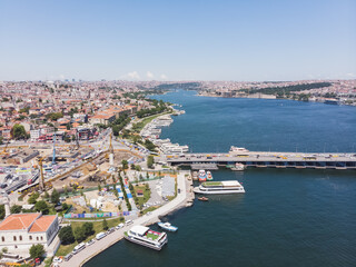 Fototapeta na wymiar Top view of the city of Istanbul and the Bosphorus, in the foreground a bridge, on a warm summer day