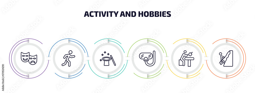 Poster activity and hobbies infographic element with outline icons and 6 step or option. activity and hobbi