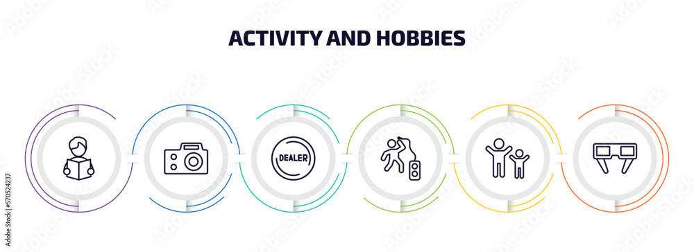 Poster activity and hobbies infographic element with outline icons and 6 step or option. activity and hobbi