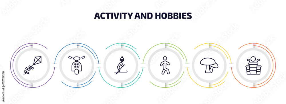 Aufkleber activity and hobbies infographic element with outline icons and 6 step or option. activity and hobbi
