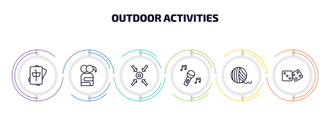 outdoor activities infographic element with outline icons and 6 step or option. outdoor activities icons such as mahjong, couple huging, collecting, sing, yarn ball, table game vector.