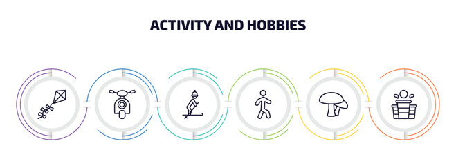 Fototapeta premium activity and hobbies infographic element with outline icons and 6 step or option. activity and hobbies icons such as flying a kite, motorcycle, skiing, walking, mushrooming, beer pong vector.