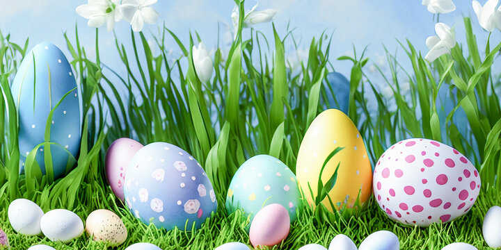 Happy Easter concept with easter eggs and spring flowers. Decorated easter eggs in grass with flowers. Easter background with copy space. Easter eggs arrangement. Generative Ai