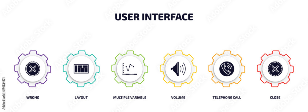 Poster user interface infographic element with filled icons and 6 step or option. user interface icons such