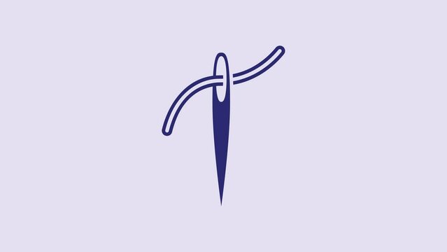 Blue Needle for sewing with thread icon isolated on purple background. Tailor symbol. Textile sew up craft sign. Embroidery tool. 4K Video motion graphic animation