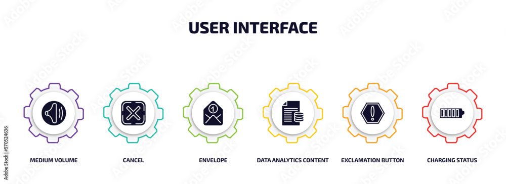 Poster user interface infographic element with filled icons and 6 step or option. user interface icons such
