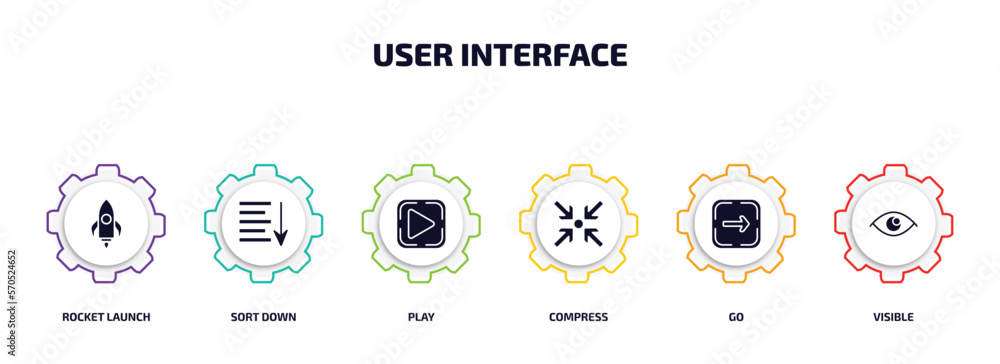 Poster user interface infographic element with filled icons and 6 step or option. user interface icons such