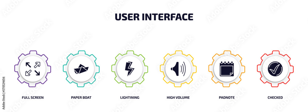 Poster user interface infographic element with filled icons and 6 step or option. user interface icons such