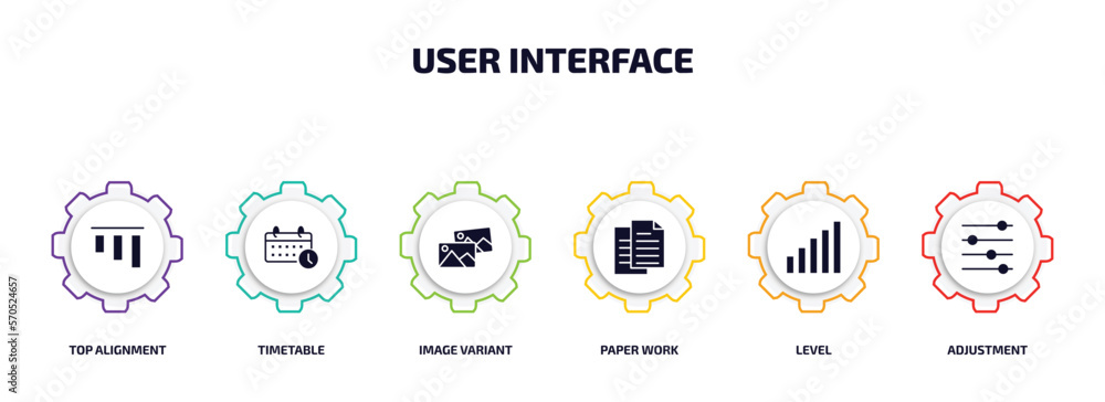 Poster user interface infographic element with filled icons and 6 step or option. user interface icons such