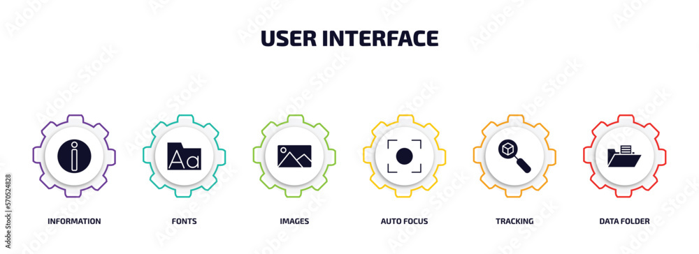 Aufkleber user interface infographic element with filled icons and 6 step or option. user interface icons such