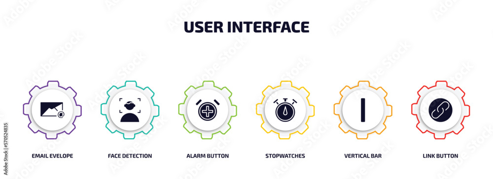 Poster user interface infographic element with filled icons and 6 step or option. user interface icons such