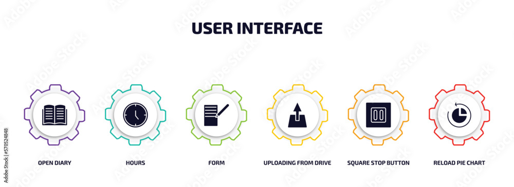 Poster user interface infographic element with filled icons and 6 step or option. user interface icons such