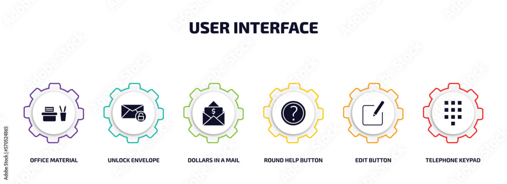 Poster user interface infographic element with filled icons and 6 step or option. user interface icons such